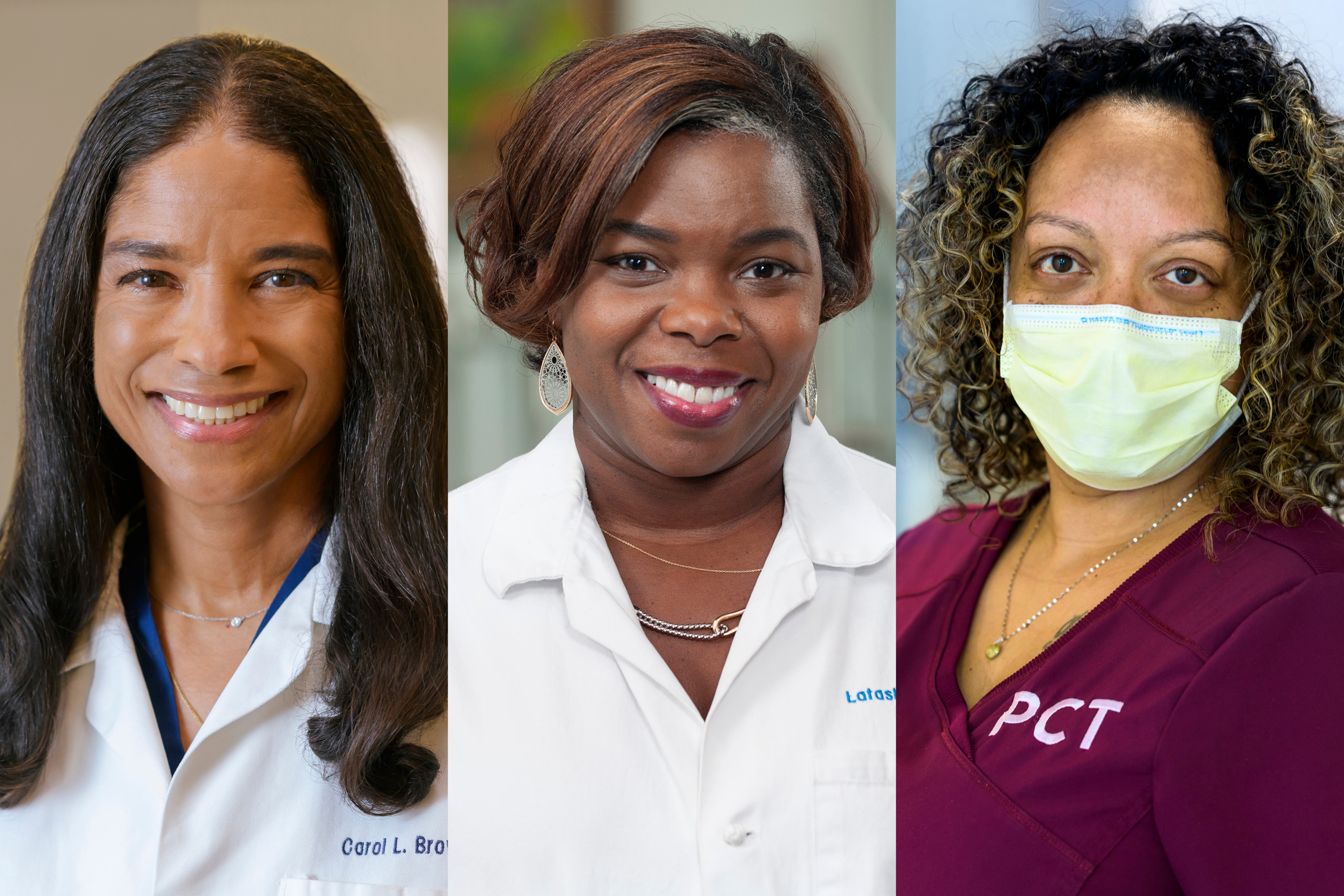 Desde la izquierda: Dra. Carol Brown, directora de Equidad Sanitaria de MSK, Latasha Anderson-Dunkley, enfermera practicante, y Beatriz Ramos, técnica de Atención al Paciente