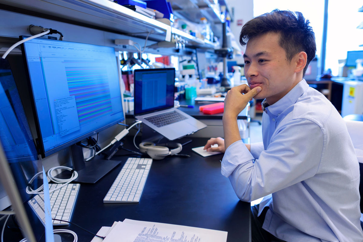 A scientist working at a computer in a lab